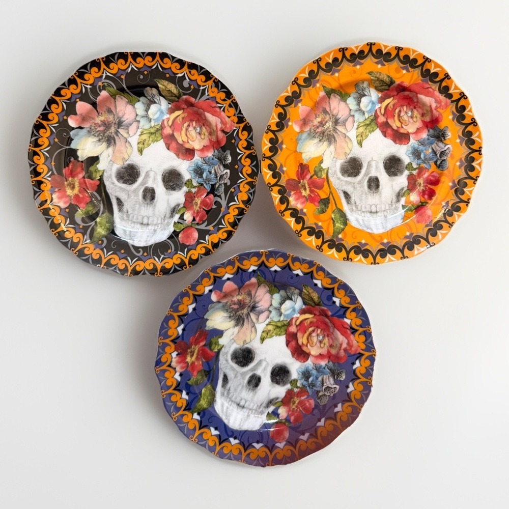RARE 3 Pc. 222 Fifth "Marbella" Sugar Skulls Porcelain Appetizer Plates